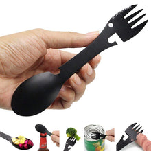 Load image into Gallery viewer, Multi Function Camping Knife Fork Spoon Picnic Gadget Utensil Knife Spoon Fork Bottle Can Opener 5 in1 Stainless Steel Spork
